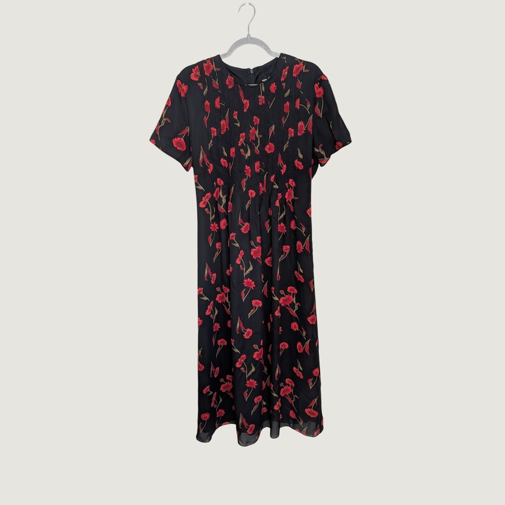 90s Vintage Whimsigoth Positive Attitude Black Red Floral Pintuck Maxi Dress 14